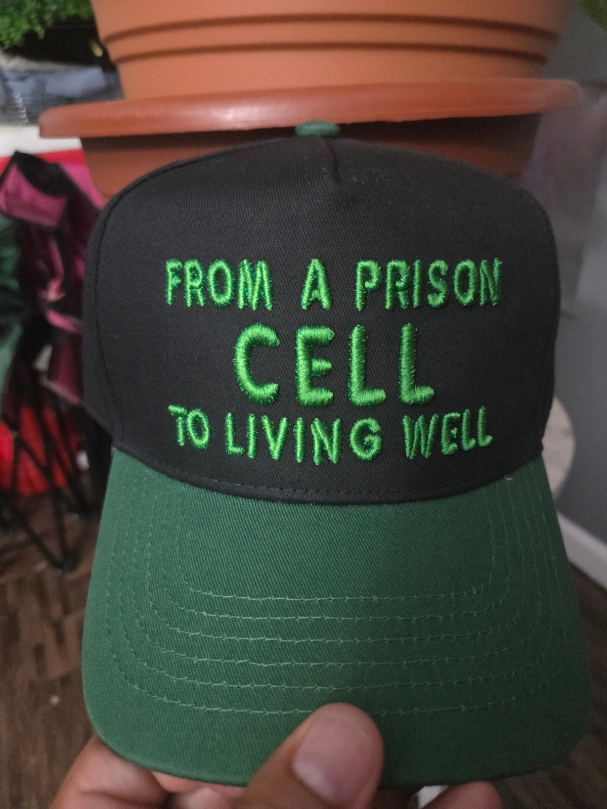 From A Prison Cell To Living Well embroidered snapback hat